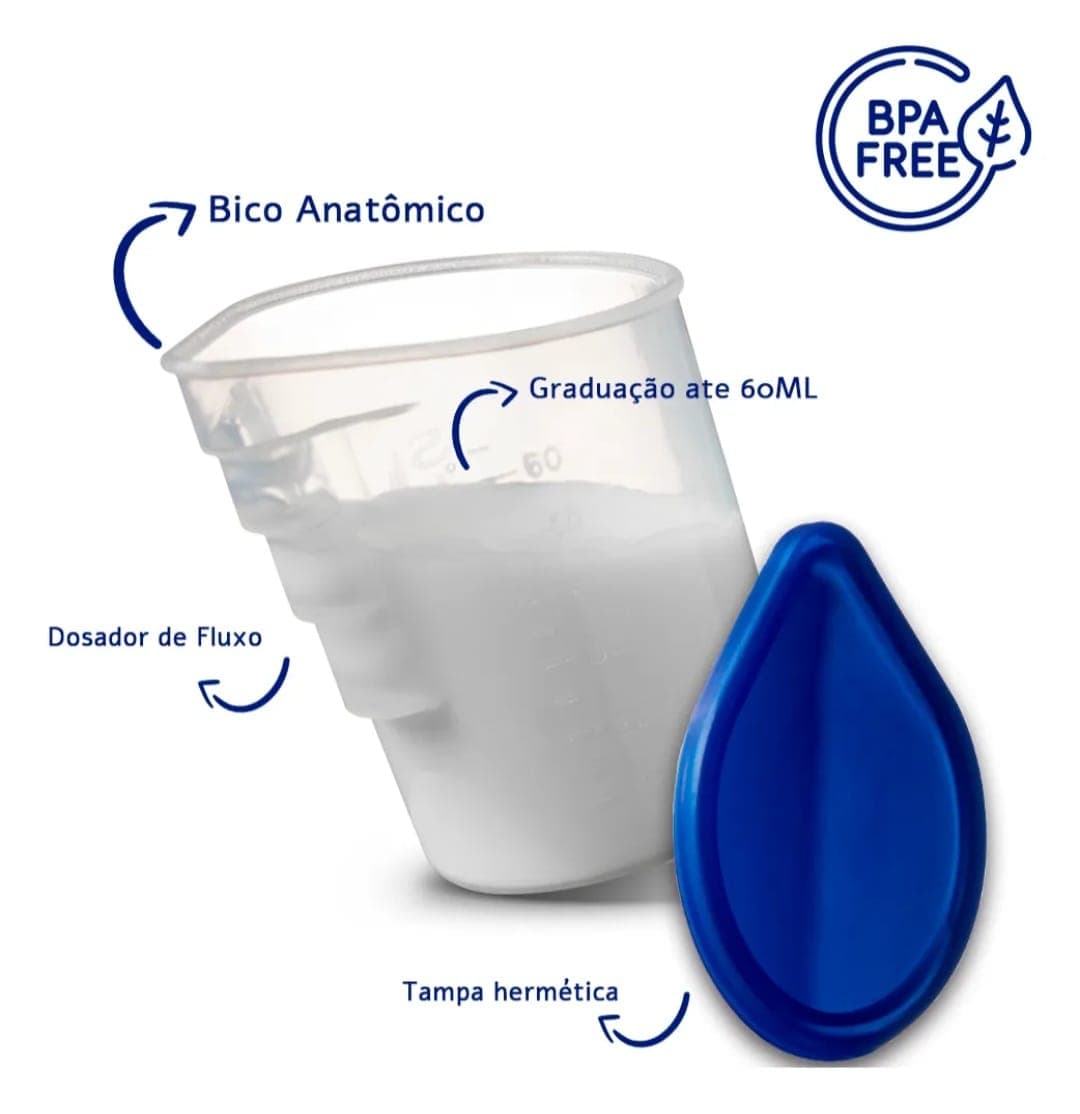 Dispositivo graduado transparente com graduação até 60ml, bico anatômico, dosador de fluxo e tampa hermética. Material polipropileno, livre de BPA.